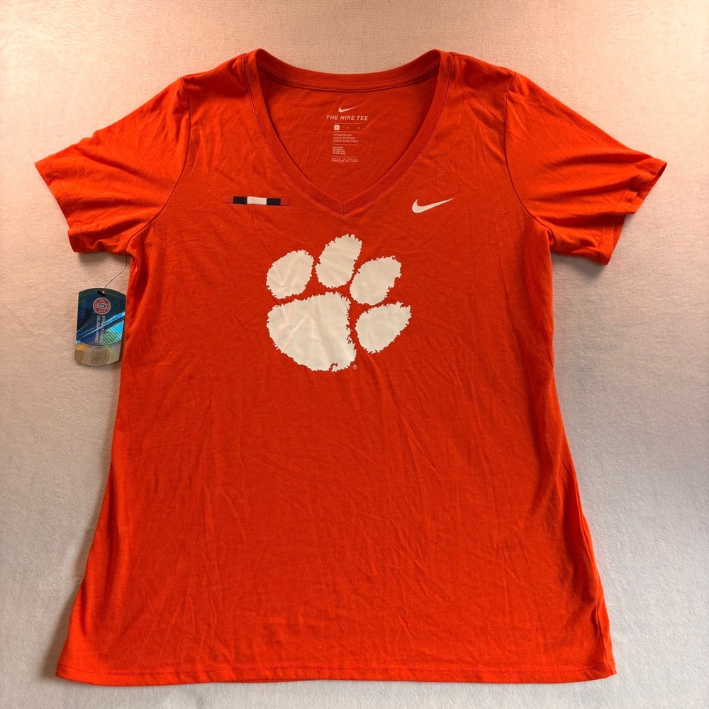 Nike Clemson Tigers Womens V-Neck T-Shirt Orange Paw Print Large 34650X-CM1